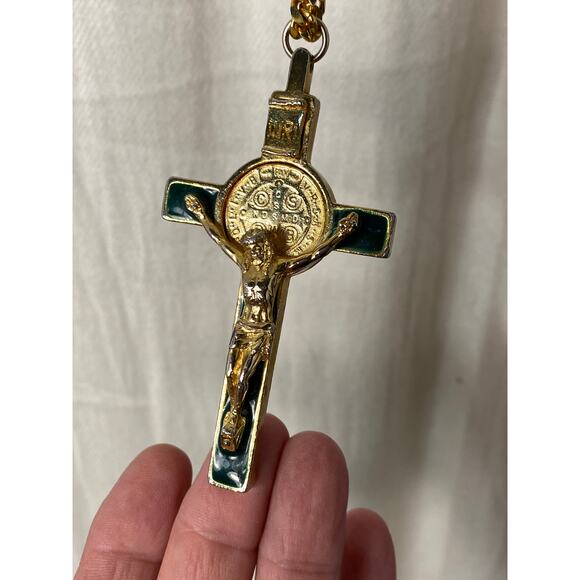 Gold tone St. Benedict Crucifix Pendant Necklace on Heavy Gold tone box chain. - Picture 16 of 16
